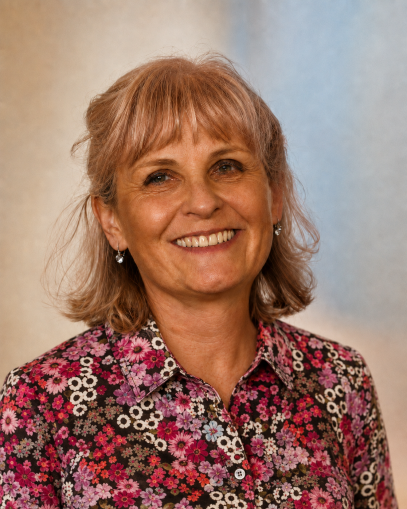 Dawn Jelley smiling in a pink floral shirt